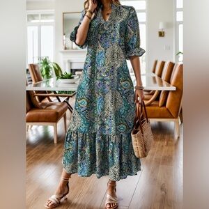 Full Size Bohemian Paisley Print Ruffle Hem Midi Dress Plus Size